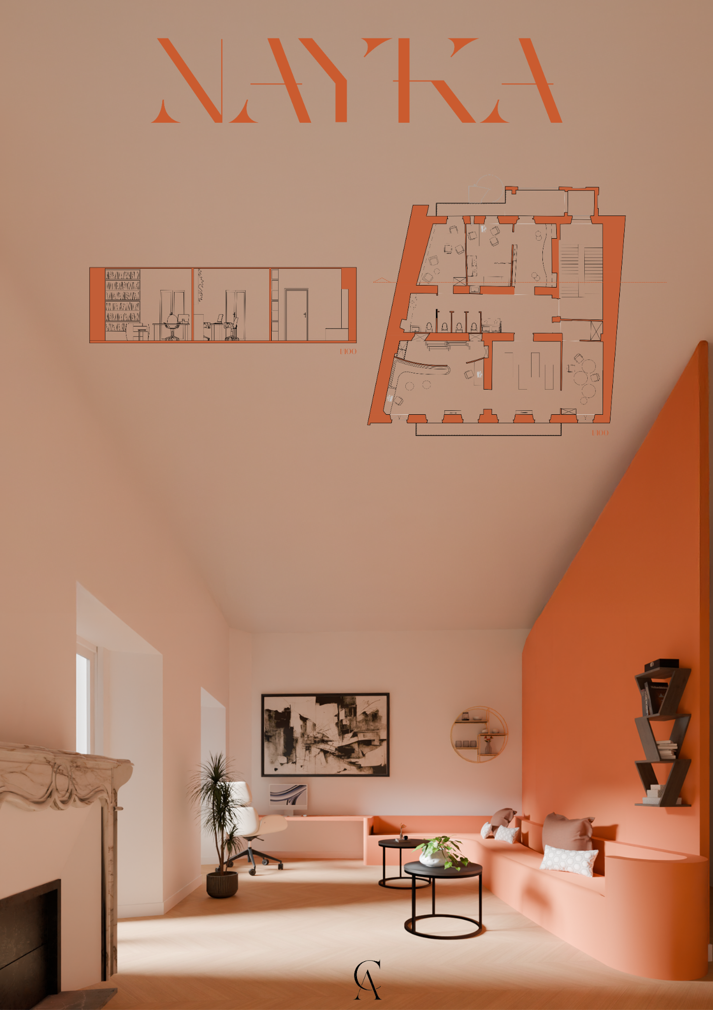 Planche finale du projet Nayka avec plan, coupe et rendu intérieur
