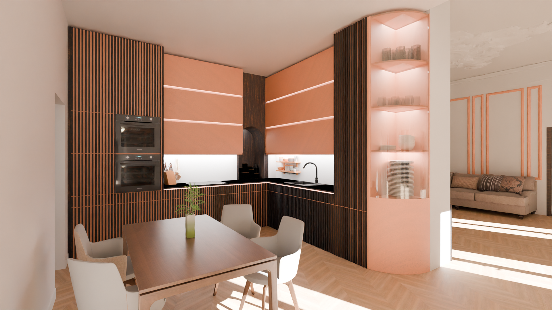Cuisine partagée Nayka en bois sombre et orange