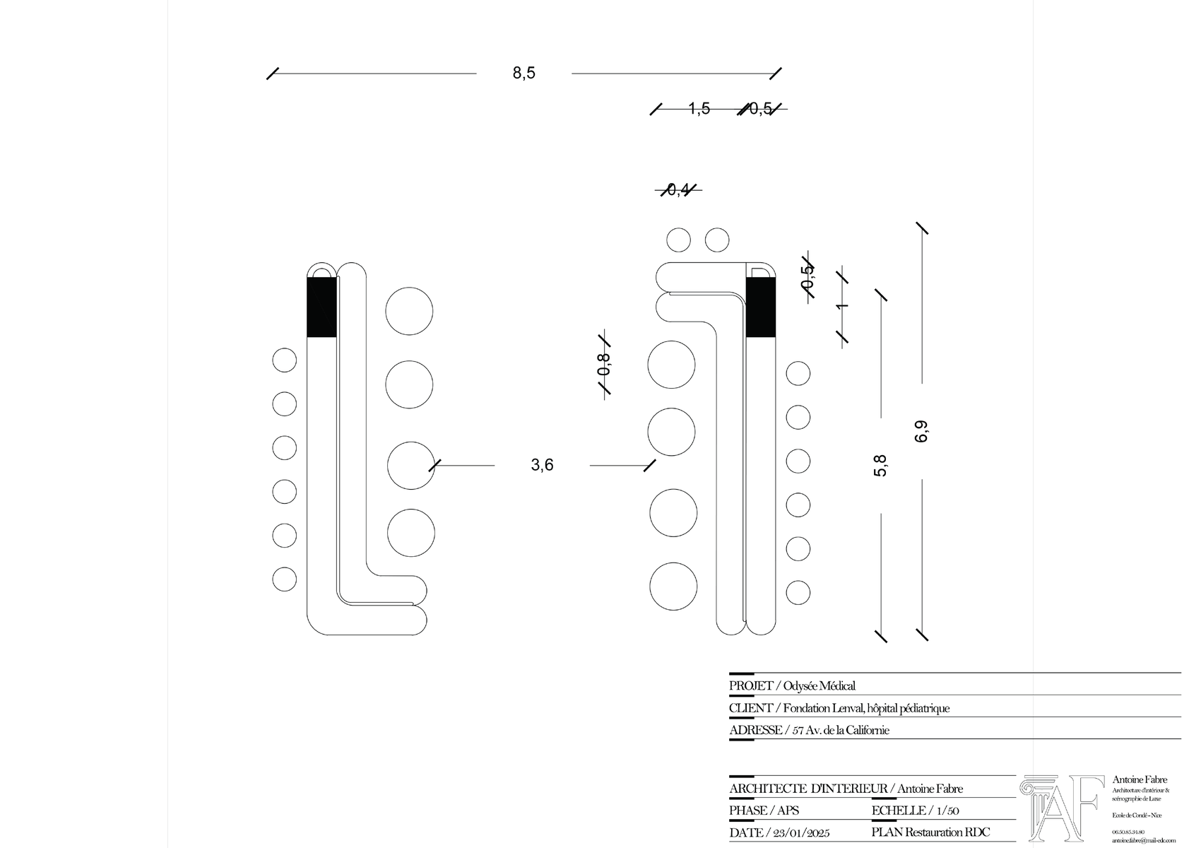 Plan coté du mobilier de restauration