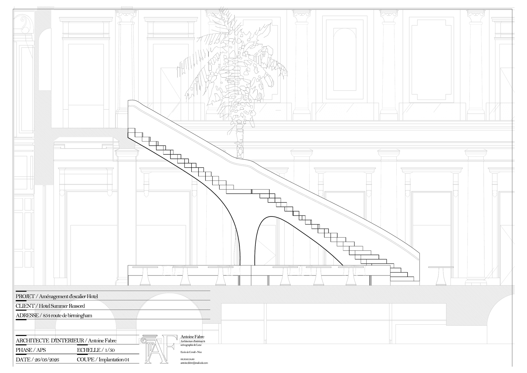 Coupe de l'escalier d'hôtel