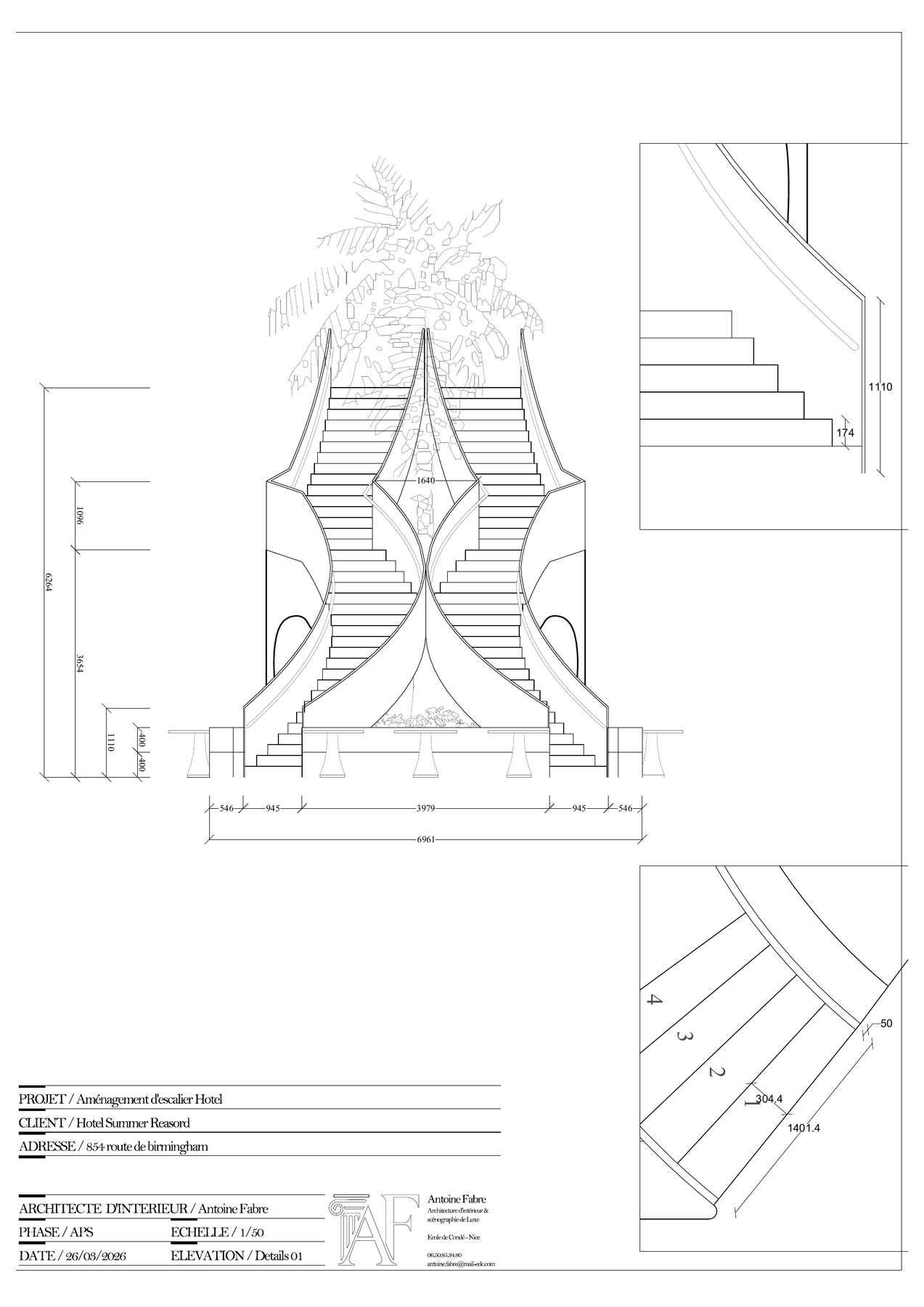 Détails dimensionnels de l'escalier d'hôtel