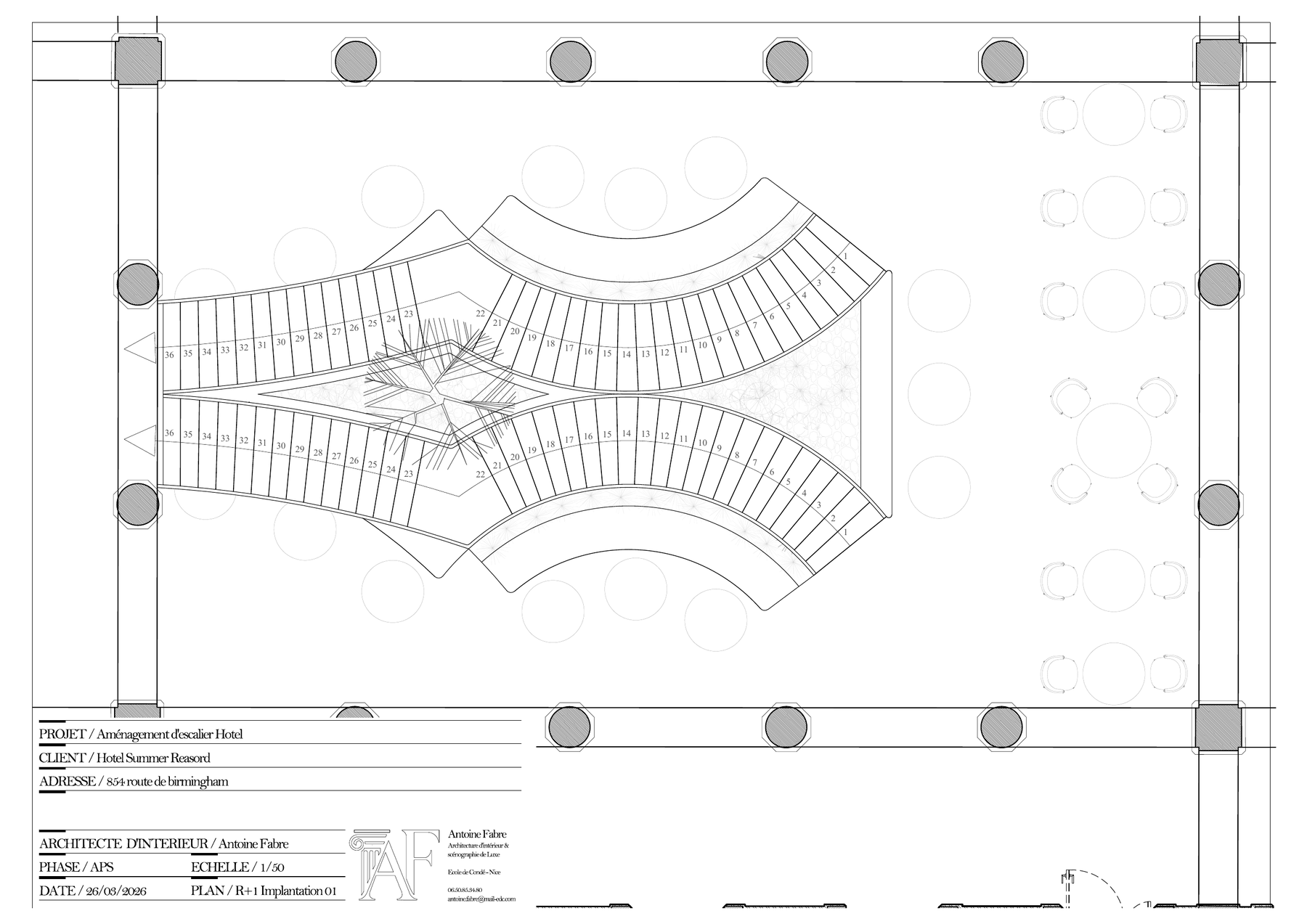 Plan du niveau R+1 de l'escalier d'hôtel